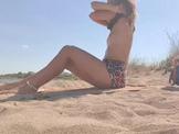 Skinny wife flashing pussy and undressing on the beach