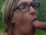 Mature slut gets load of cum on big tits after outdoor 