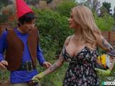 Busty MILF fucks lawn gnome in bedroom