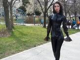 A walk at the park in black latex leggings and classy b